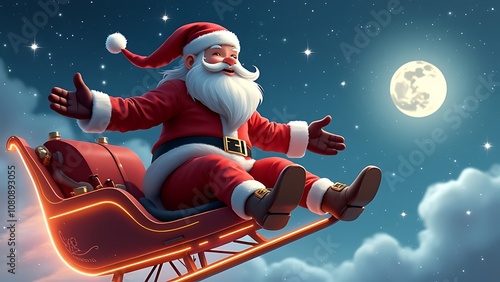 A cheerful Santa Claus riding a magical sleigh in the night sky, with a glowing moon and sparkling stars in the christmas background. closeup flying santa claus happymood riding and flying his sleigh. photo