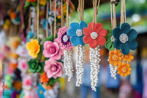 Colorful flowers and roses made of jute with white beads on an earring stand for sale at the market photo