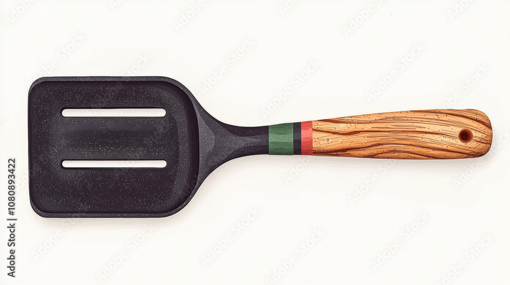Black Cooking Spatula with Wooden Handle and Slotted Design Perfect for Flipping and Serving Foods in Kitchen Cookware Black Cooking Spatula with Wooden Handle and Slotted Design Perfect for Flipping and Serving Foods in Kitchen Cookware