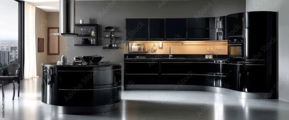 Modern Black Kitchen with Curved Cabinets and Island Modern Black Kitchen with Curved Cabinets and Island