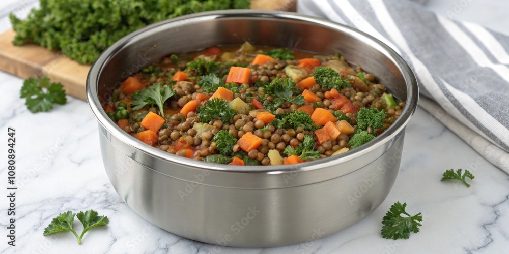 A round stainless steel container filled with a hearty lentil stew packed with diced carrots celery and kale garnished with fresh parsley and resting on a marble countertop. A round stainless steel container filled with a hearty lentil stew packed with diced carrots celery and kale garnished with fresh parsley and resting on a marble countertop.