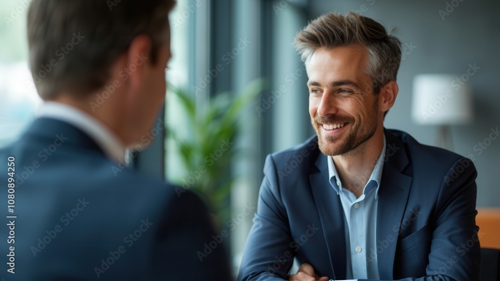 Two professionals are discussing business strategies in a bright office environment. Two professionals are discussing business strategies in a bright office environment.