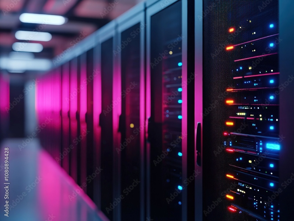 cybersecurity breach monitoring concept Rows of outdated servers fading ...
