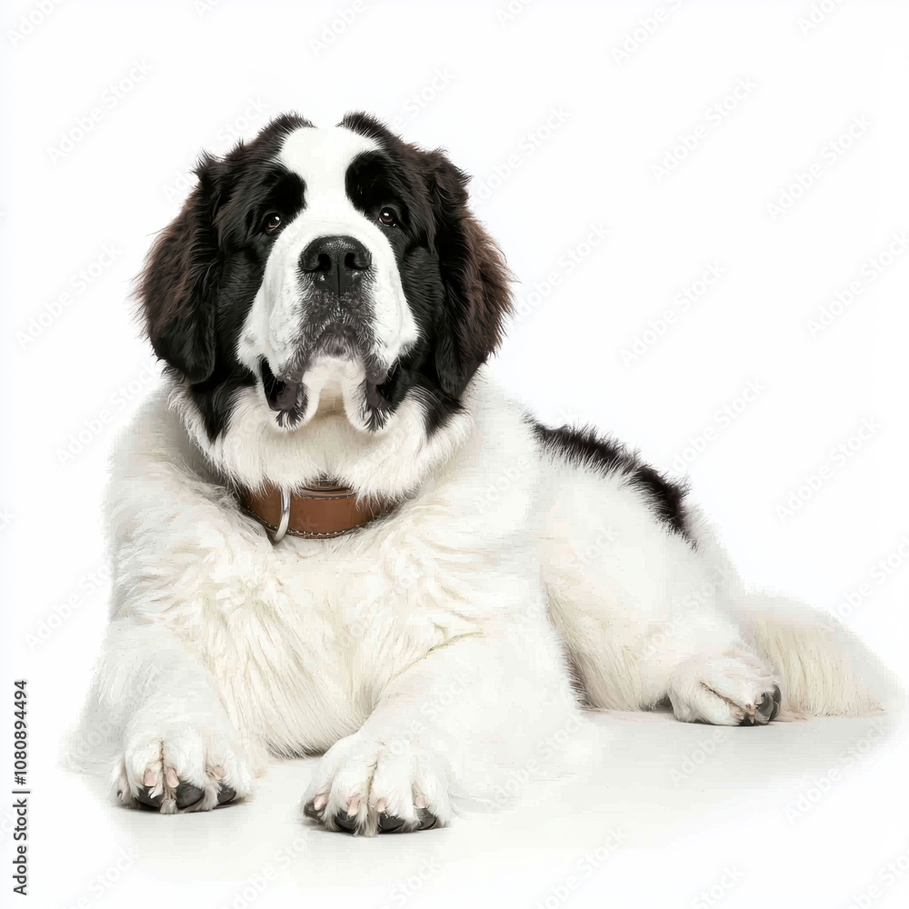 Majestic St. Bernard Dog Lying Comfortably on a White Background, Showcasing Its Fluffy Coat and Gentle Expression, Perfect for Pet Lovers and Animal Enthusiasts Majestic St. Bernard Dog Lying Comfortably on a White Background, Showcasing Its Fluffy Coat and Gentle Expression, Perfect for Pet Lovers and Animal Enthusiasts