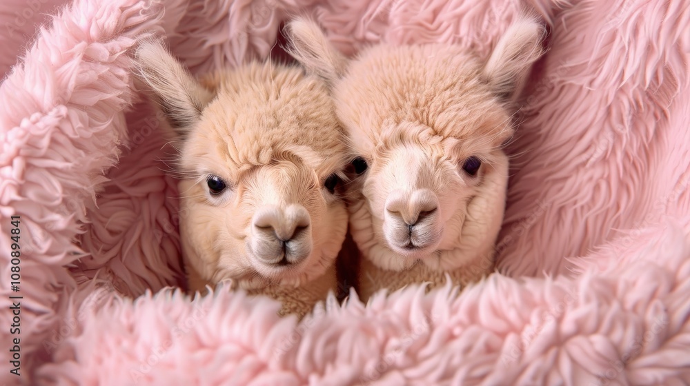 Two baby alpacas snuggling under a soft pink blanket Two baby alpacas snuggling under a soft pink blanket