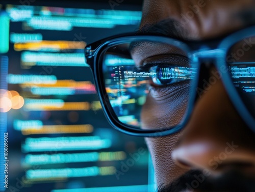cybersecurity breach monitoring concept Alarmed IT analyst watching security alerts on multiple monitors, concern reflected on their glasses