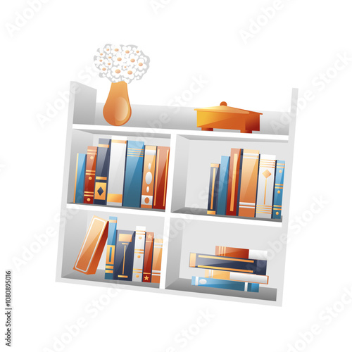 Illustration of bookshelves with books and a vase of flowers, realistic in 3D style.