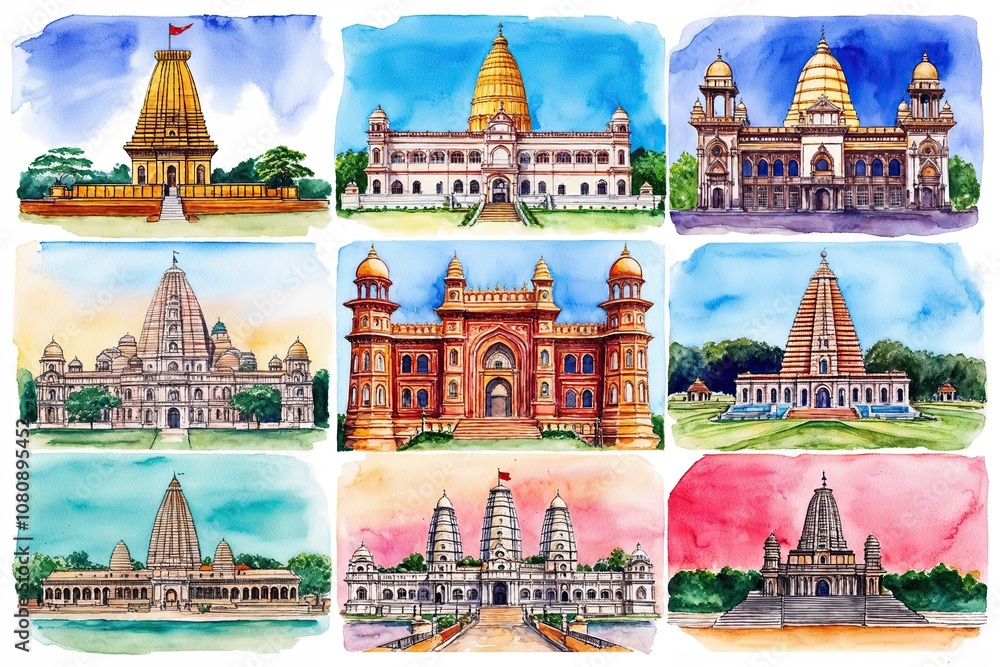 Obraz premium Lively Watercolor Representation of Cherished Landmarks for Tamil Nadu Appreciation Day