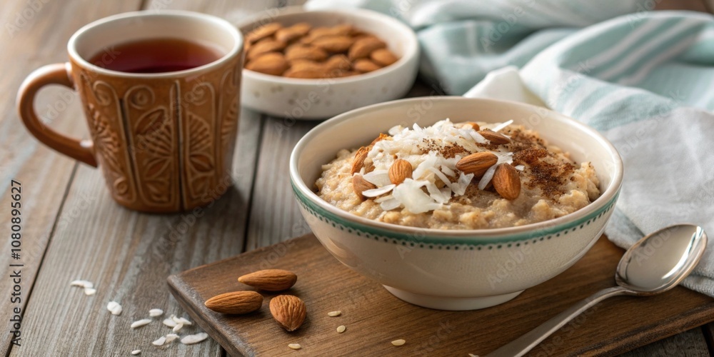 A cozy breakfast scene featuring a bowl of oatmeal adorned with almond slices shredded coconut and a sprinkle of cinnamon with a warm mug of tea beside it. A cozy breakfast scene featuring a bowl of oatmeal adorned with almond slices shredded coconut and a sprinkle of cinnamon with a warm mug of tea beside it.
