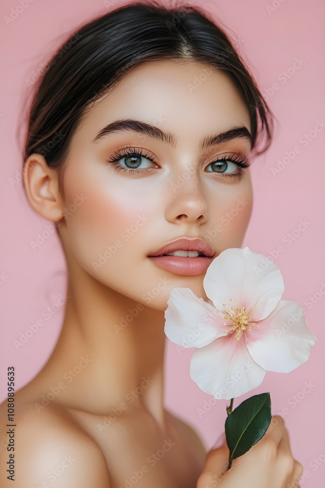 Beautiful young woman with flawless skin holding a delicate flower against a soft pink background, representing beauty, nature, and femininity in a serene portrait. Beautiful young woman with flawless skin holding a delicate flower against a soft pink background, representing beauty, nature, and femininity in a serene portrait.