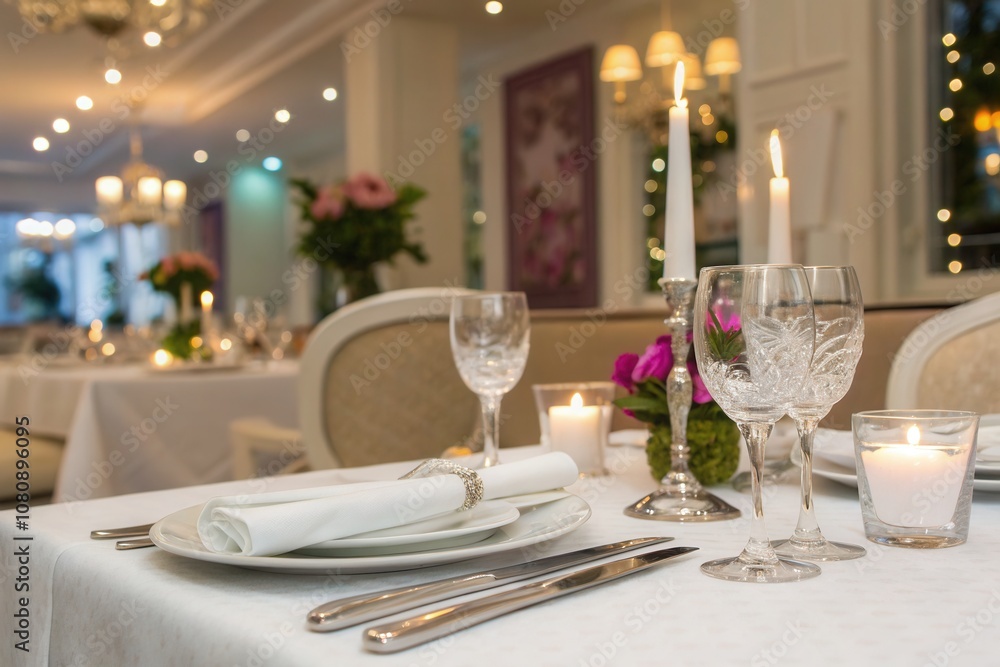 A beautifully arranged dining table featuring candles, glassware, and flowers, creating a warm ambiance. A beautifully arranged dining table featuring candles, glassware, and flowers, creating a warm ambiance.