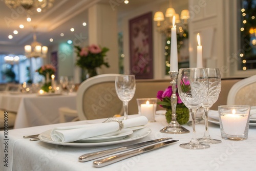 A beautifully arranged dining table featuring candles, glassware, and flowers, creating a warm ambiance.