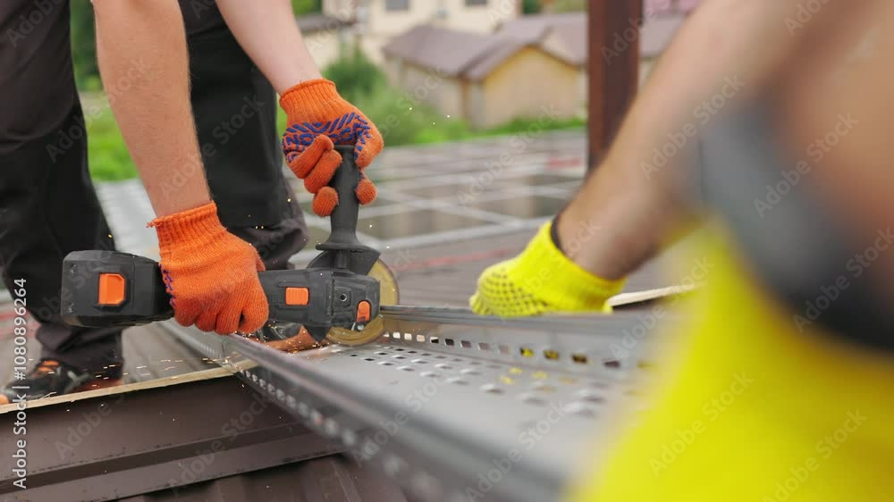 Male hand cuts off pieces of pipe with angle grinder. Cutting of a steel with splashes of sparks at construction site. Slow motion of construction worker cutting steel beam. Male hand cuts off pieces of pipe with angle grinder. Cutting of a steel with splashes of sparks at construction site. Slow motion of construction worker cutting steel beam.
