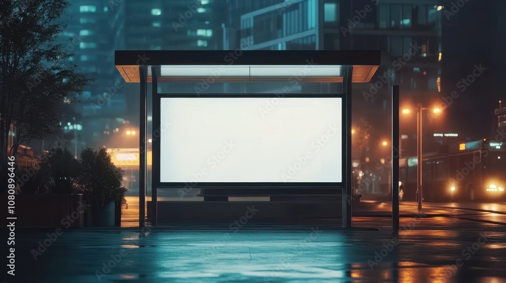 Fototapeta premium Blank billboard sign mockup on metallic bus stop matte white sign lit