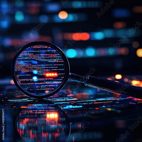 cybersecurity breach monitoring concept Magnifying glass highlighting suspicious code strings, zooming in on malicious activity