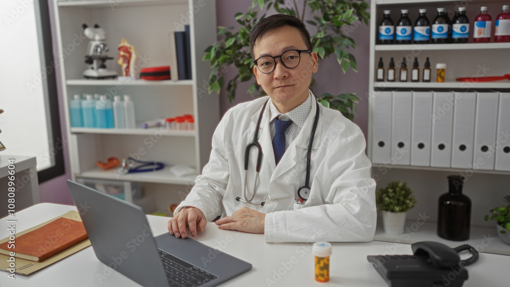 Man in clinic wearing a white coat and stethoscope works on a laptop surrounded by medical supplies and shelves, suggesting a professional healthcare environment. Man in clinic wearing a white coat and stethoscope works on a laptop surrounded by medical supplies and shelves, suggesting a professional healthcare environment.
