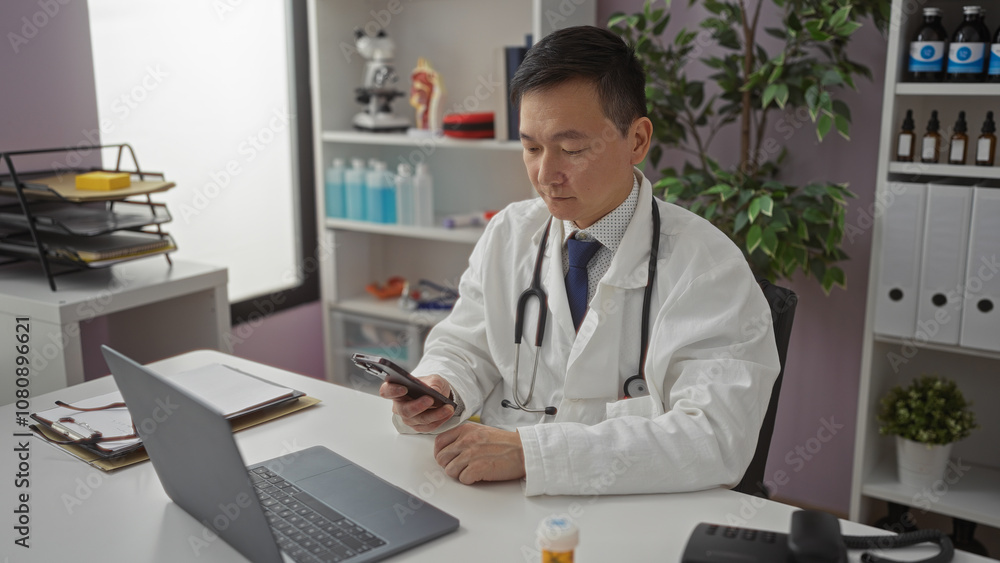 Doctor in a clinic checks smartphone in a modern medical office with a laptop and files, surrounded by medical equipment and plants. Doctor in a clinic checks smartphone in a modern medical office with a laptop and files, surrounded by medical equipment and plants.