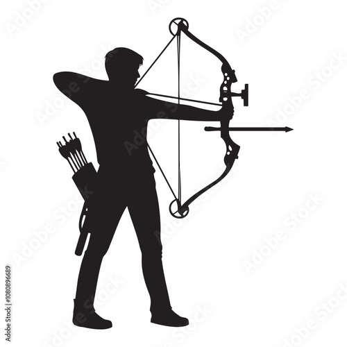 Person practicing archery silhouette vector art black color design and solid white background 