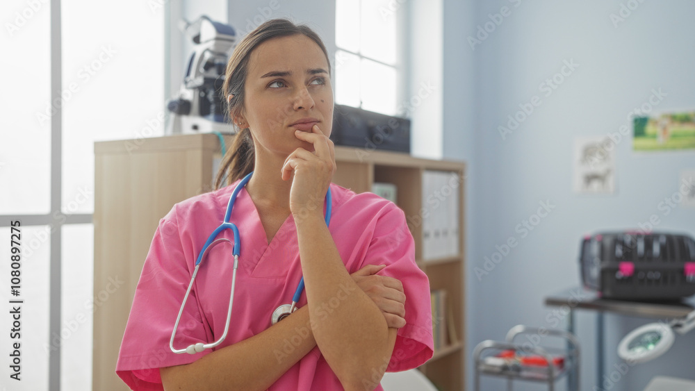 Thoughtful female nurse wearing pink scrubs with a stethoscope in a clinic room, looking pensive in an indoor medical workplace. Thoughtful female nurse wearing pink scrubs with a stethoscope in a clinic room, looking pensive in an indoor medical workplace.