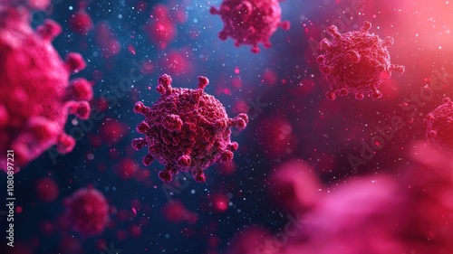 Cancer and toxin relevance. A close-up view of vibrant, toxic red virus particles set against a blurred, colorful background, illustrating the microscopic world of pathogens.