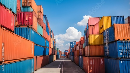 Colorful shipping containers stacked at an international port, symbolizing global trade and modern logistics, showcasing the backbone of internationa photo