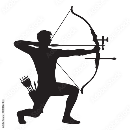 Person practicing archery silhouette vector art black color design and solid white background 