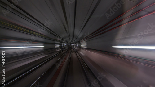 Moving in the subway tunnel with light trails inside timelapse