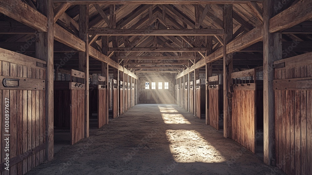 An expansive interior view of a rustic barn, showcasing wooden stalls and beams, illuminated by soft natural light streaming through open windows. An expansive interior view of a rustic barn, showcasing wooden stalls and beams, illuminated by soft natural light streaming through open windows.