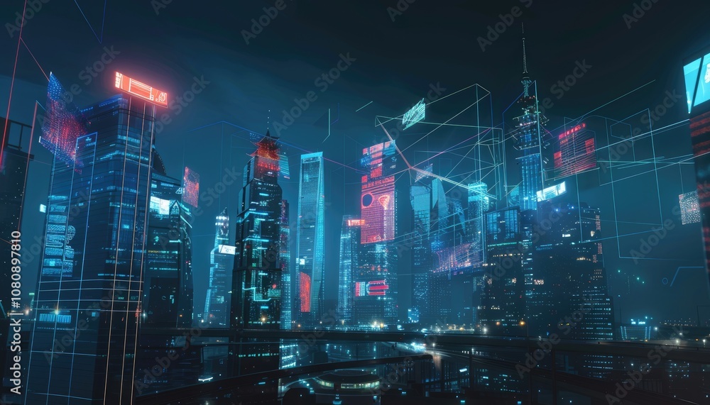 Naklejka premium Neon blue and holographic designs dominate this night cityscape, casting a high-tech glow over an urban landscape charged with futuristic innovation..