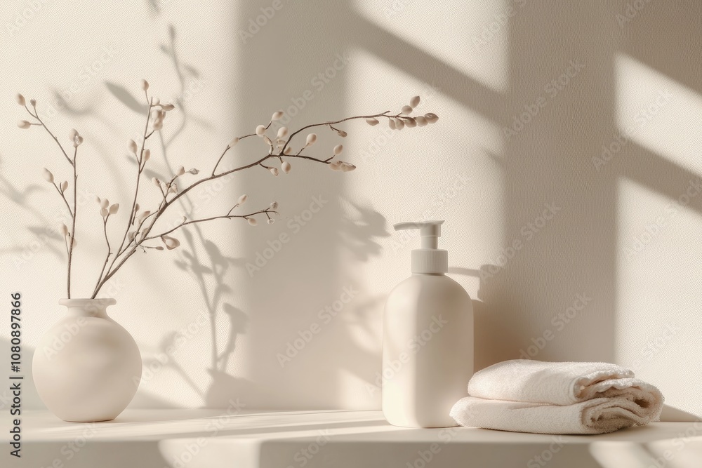 White Ceramic Vase with Branch, Pump Bottle, and Rolled Towels in Sunlight White Ceramic Vase with Branch, Pump Bottle, and Rolled Towels in Sunlight