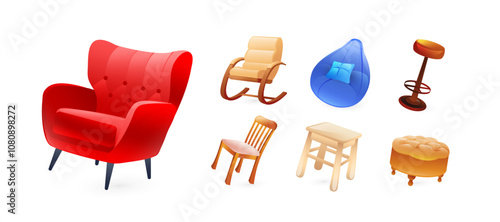 Canvas-taulu Set of illustrations of furniture for sitting, armchair, chair, rocking chair, bean bag, stool, bar stool, ottoman, realistic in 3d style