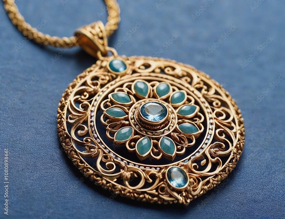 A gold and blue necklace with a blue stone in the center A gold and blue necklace with a blue stone in the center