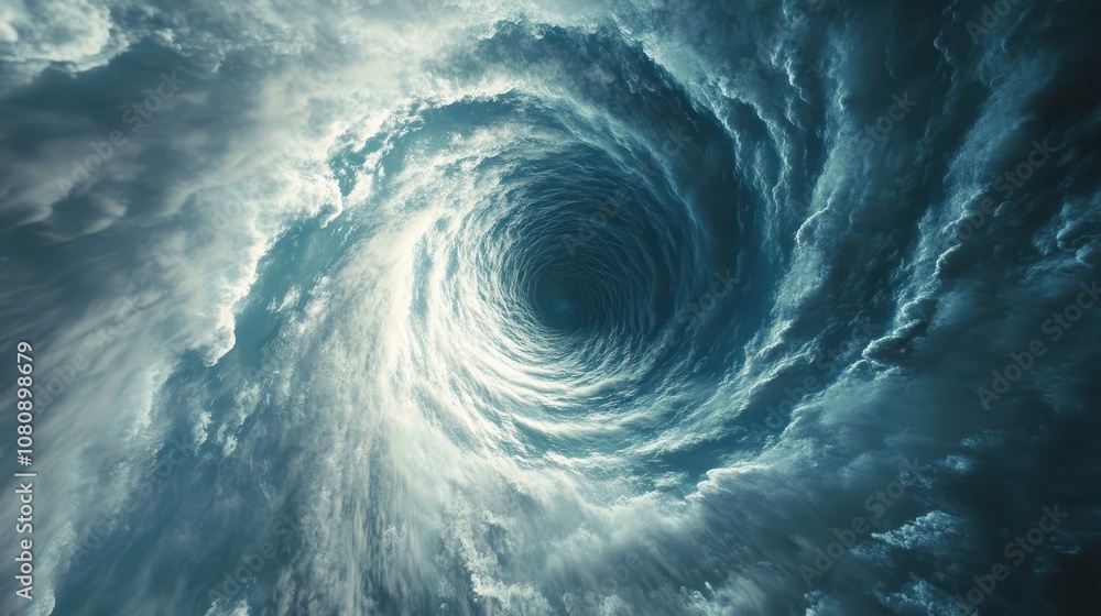 Calm hurricane eye orbit view white clouds spiral blue ocean beneath Calm hurricane eye orbit view white clouds spiral blue ocean beneath