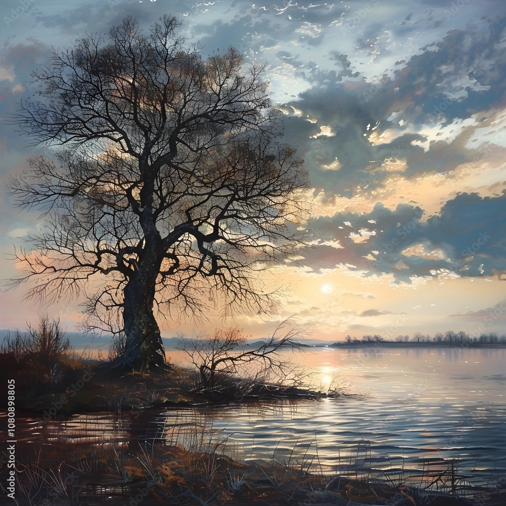 a single tree with slender branches around the shore of a lake. peaceful a single tree with slender branches around the shore of a lake. peaceful