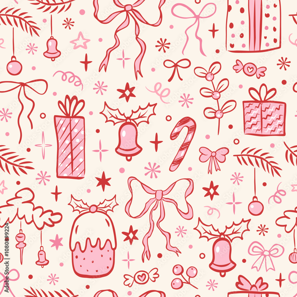 Christmas seamless pattern with coquette hand drawn doodles. Vintage ink drawing sketch style. Christmas tree branches, gift, bows, stars, winter holiday pattern, Christmas tree toys, snowflakes. Christmas seamless pattern with coquette hand drawn doodles. Vintage ink drawing sketch style. Christmas tree branches, gift, bows, stars, winter holiday pattern, Christmas tree toys, snowflakes.