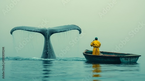 Lone fisherman in a bright yellow raincoat gazes at a humpback whale diving gracefully into the ocean on a misty day, showcasing the beauty of nature and wildlife