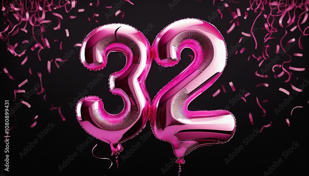 Pink birthday / anniversary balloon, number 32, black background with confetti Pink birthday / anniversary balloon, number 32, black background with confetti