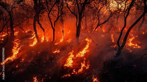 Roaring fire in dry forest sky orange smoke swirls trees burn