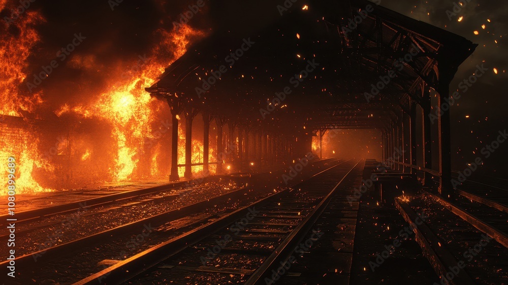 Railway station on fire beams fall flames light tracks smoke thick Railway station on fire beams fall flames light tracks smoke thick