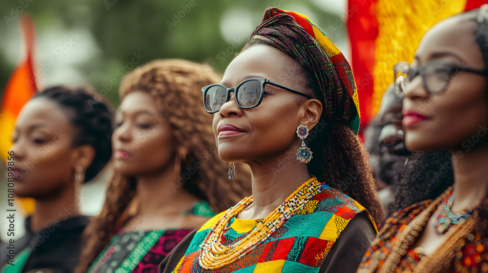 Black Awareness Day, a group of people of different ages and backgrounds stand together with colorful flags, wearing traditional African clothing, Ai generated images Black Awareness Day, a group of people of different ages and backgrounds stand together with colorful flags, wearing traditional African clothing, Ai generated images