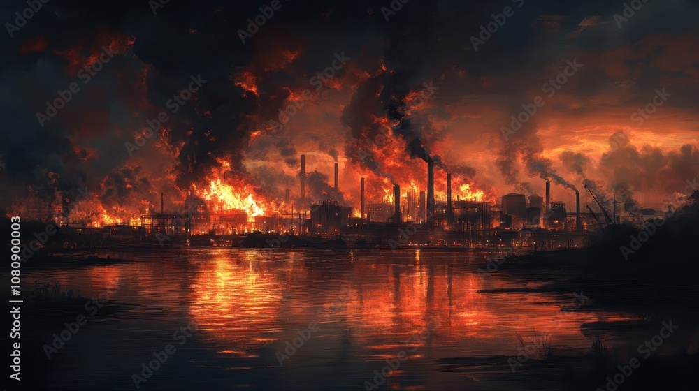 Burning factory lights river smoke rises equipment shadows dark Burning factory lights river smoke rises equipment shadows dark