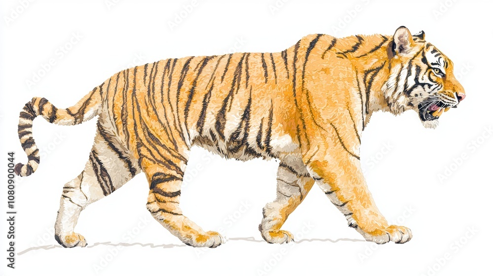 Obraz premium Majestic Tiger Walking Gracefully Across a White Background, Showcasing Its Striking Orange Fur and Black Stripes, Capturing the Wild Spirit of Nature