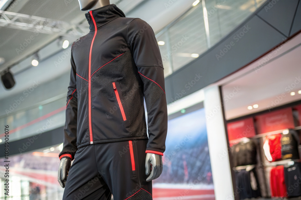 A black athletic jacket with red accents is showcased on a mannequin in a vibrant sports store. A black athletic jacket with red accents is showcased on a mannequin in a vibrant sports store.