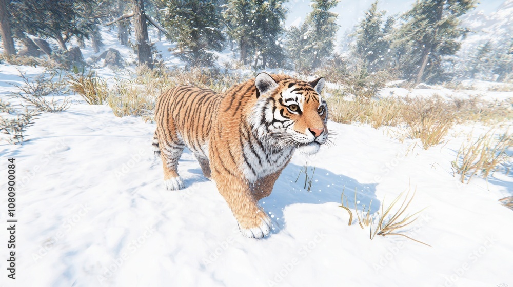 Obraz premium Majestic Siberian Tiger Walking Through Winter Landscape Covered in Fresh Snow, Showcasing Its Striking Orange Coat and Powerful Presence in the Wild Habitat