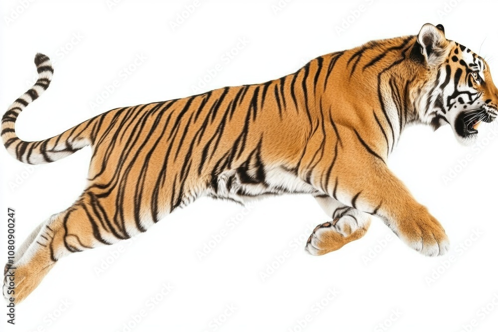 Obraz premium Majestic and Powerful Tiger in Mid-Flight Captured Against a Clean White Background, Showcasing Its Striking Fur Patterns and Dynamic Movement