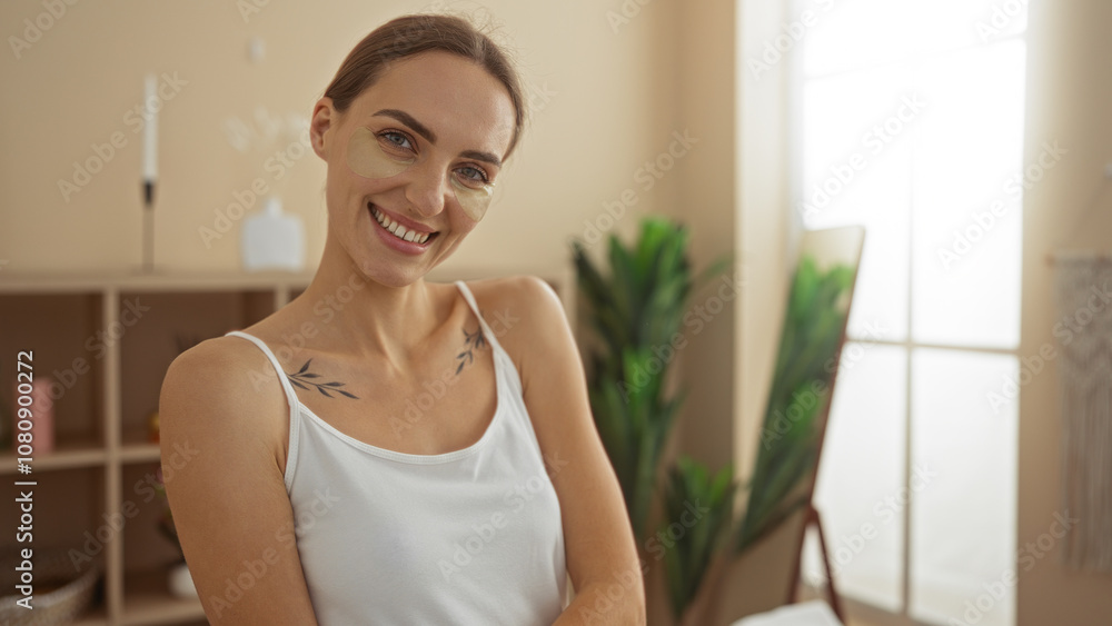 A beautiful blonde woman with under-eye patches smiles in a wellness room at a spa center. A beautiful blonde woman with under-eye patches smiles in a wellness room at a spa center.