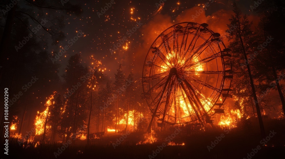 Abandoned wheel in flames trees shadowed embers rise night smoky Abandoned wheel in flames trees shadowed embers rise night smoky