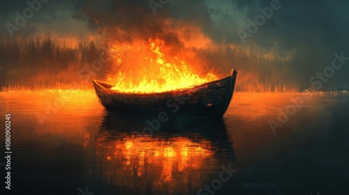 Boat ablaze on dark lake water lit orange smoke veils distant shore
