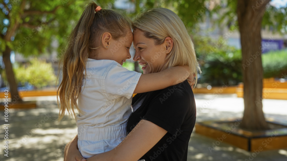Woman and child embrace joyfully in an urban park, depicting a strong mother-daughter bond outdoors on a sunny day Woman and child embrace joyfully in an urban park, depicting a strong mother-daughter bond outdoors on a sunny day
