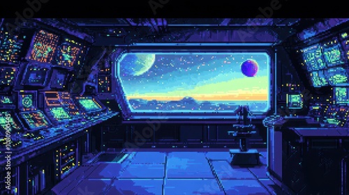 Fototapeta Naklejka Na Ścianę i Meble -  Pixel art station stars beyond window panels glow blue reflections